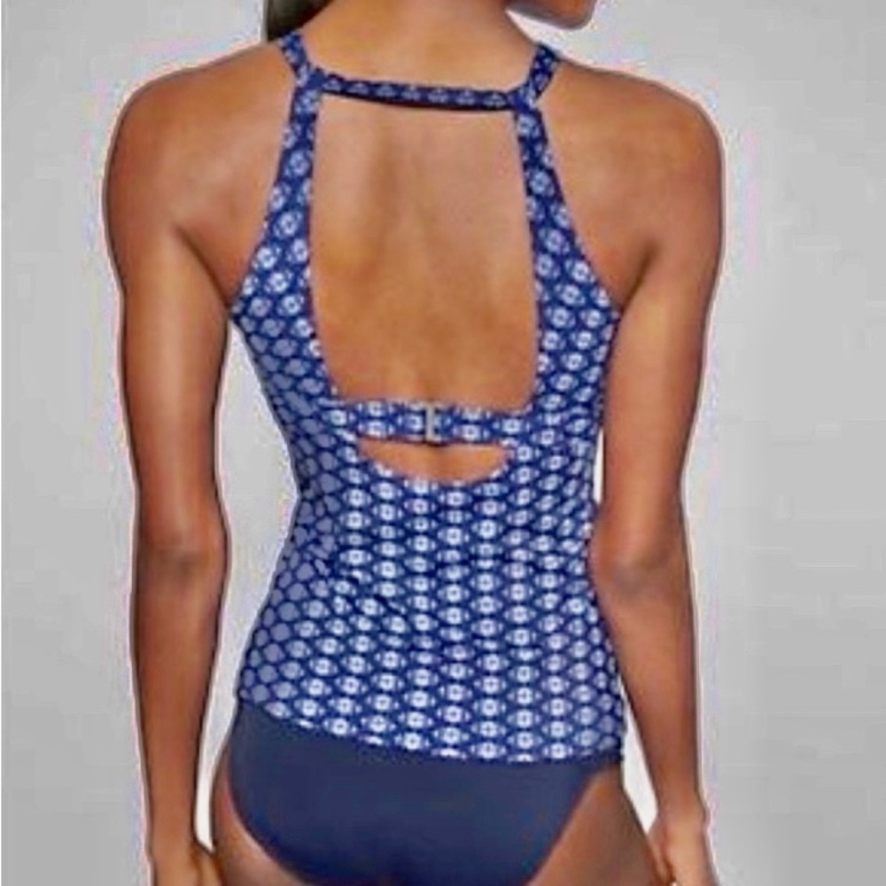 Athleta High Neck Back Cutout Tankini Swim Top Tangier Print Sz 36D/DD, EUC